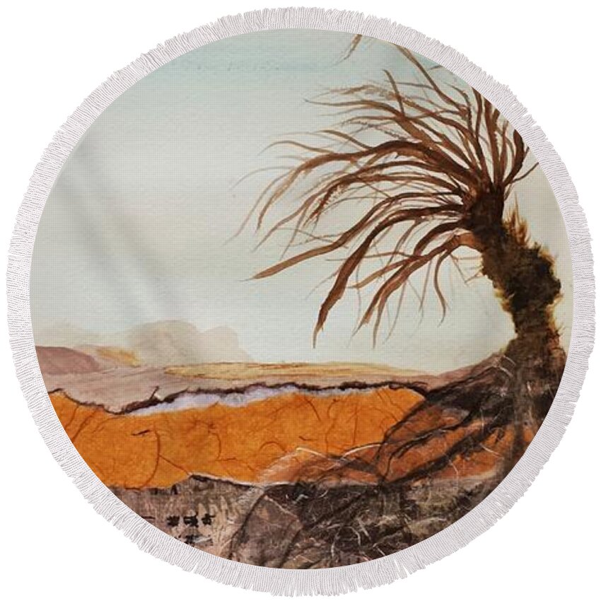 Abstract Round Beach Towel featuring the mixed media The Sentinel by Sharon Williams Eng