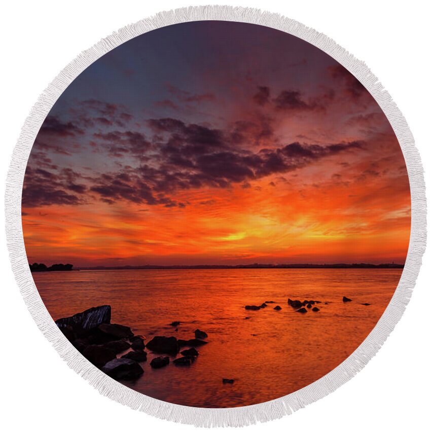 Sunrise Round Beach Towel featuring the photograph The Sky Is On Fire by Robert Caddy