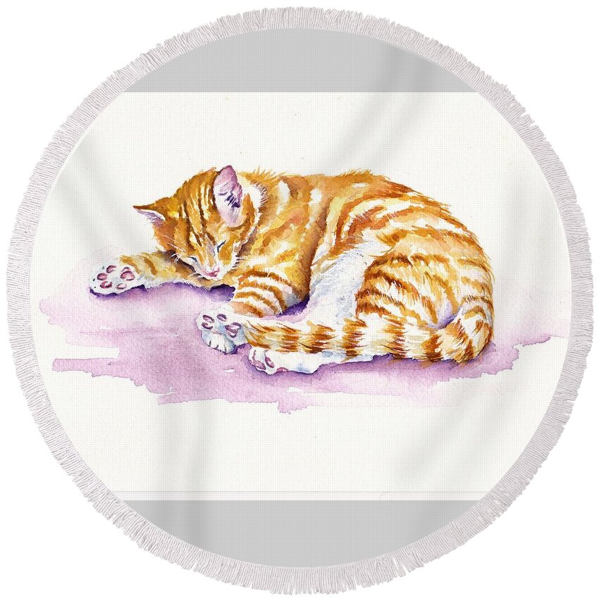 Kitten Round Beach Towel featuring the painting The Sleepy Kitten by Debra Hall