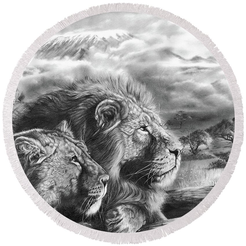 Lion Round Beach Towel featuring the drawing The Snows Of Kilimanjaro by Peter Williams
