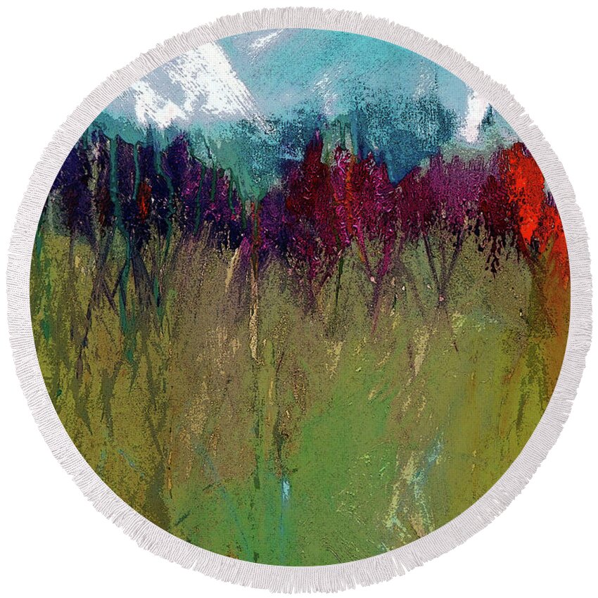 Snowy Round Beach Towel featuring the digital art The Snowy Mountain In Spring Painting   by Lisa Kaiser