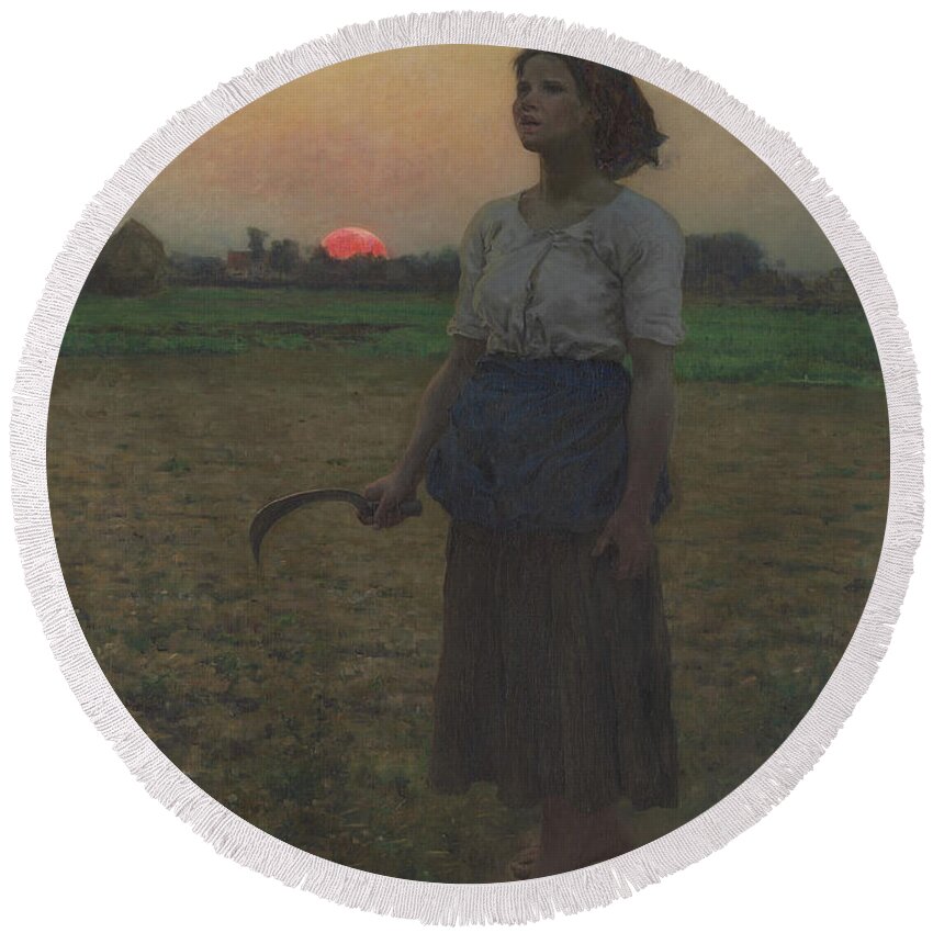 The Song Of The Lark Round Beach Towel featuring the painting The Song of the Lark by Jules Breton