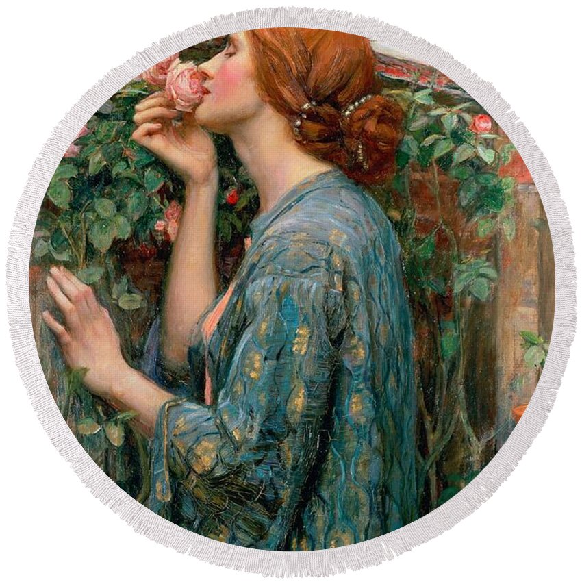 The Round Beach Towel featuring the painting The Soul of the Rose by John William Waterhouse