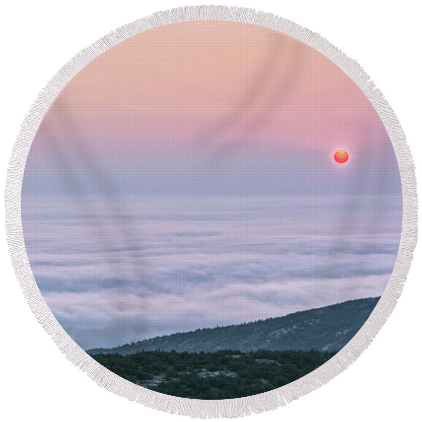 Acadia National Park Round Beach Towel featuring the photograph The Spectacle Sky Ocean Of Fog At Sunrise by Angelo Marcialis