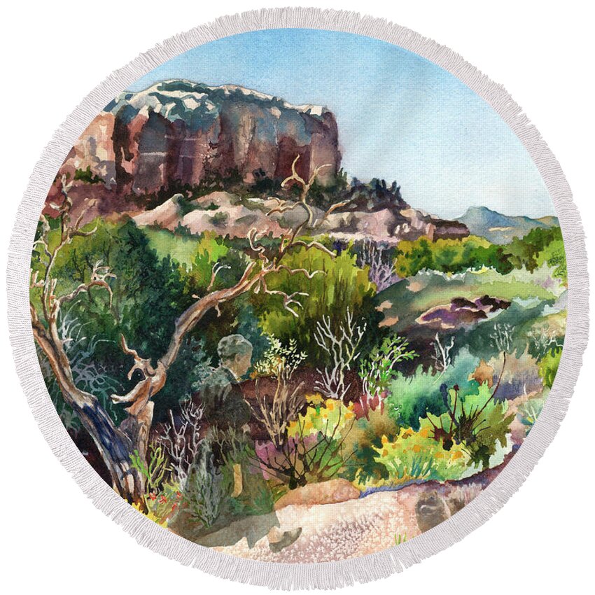 Ghost Ranch New Mexico Painting Round Beach Towel featuring the painting The Spirit of Ghost Ranch by Anne Gifford