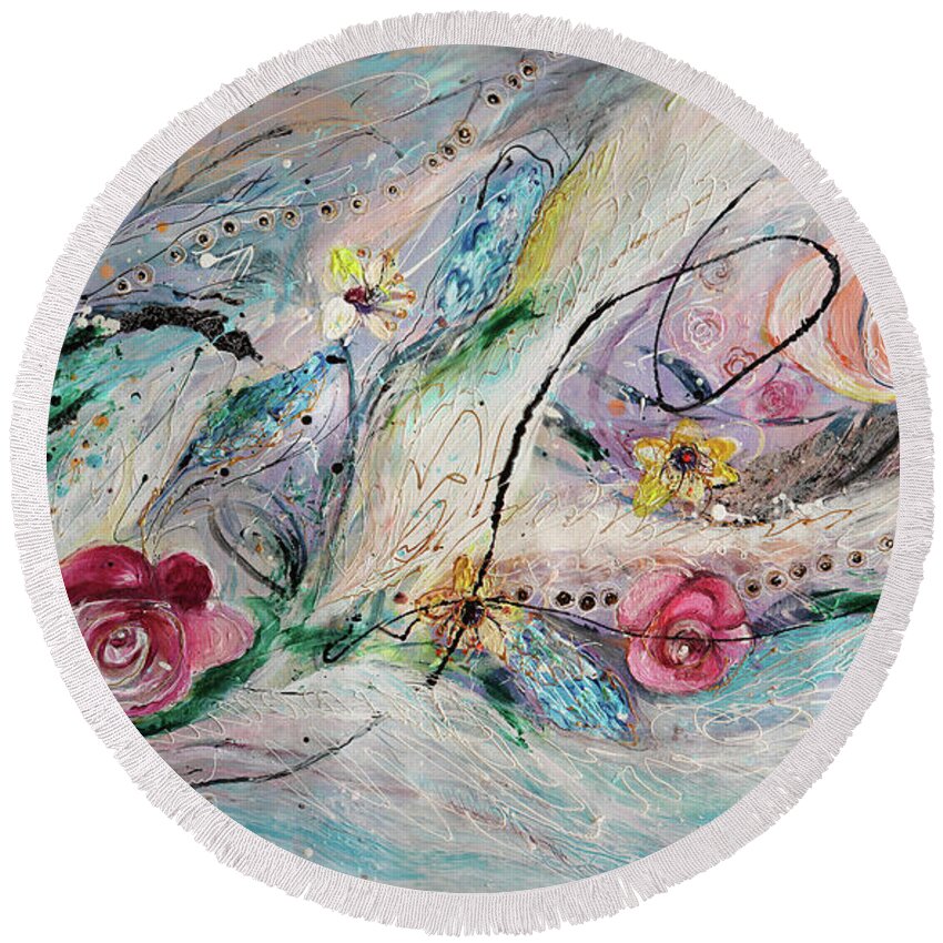 Light Background Round Beach Towel featuring the painting The Splash Of Life 29. The Flowers by Elena Kotliarker