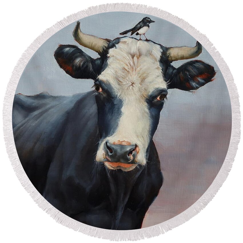Cow Round Beach Towel featuring the painting The Stare by Margaret Stockdale