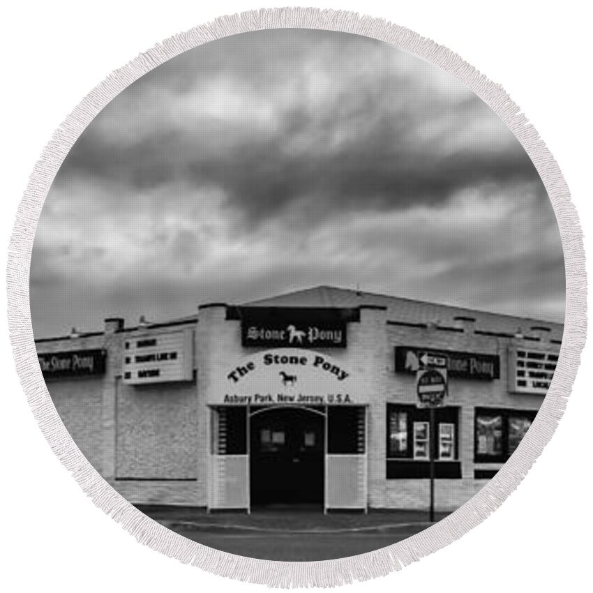 Terry D Photography Round Beach Towel featuring the photograph The Stone Pony Asbury Park New Jersey Black and White by Terry DeLuco
