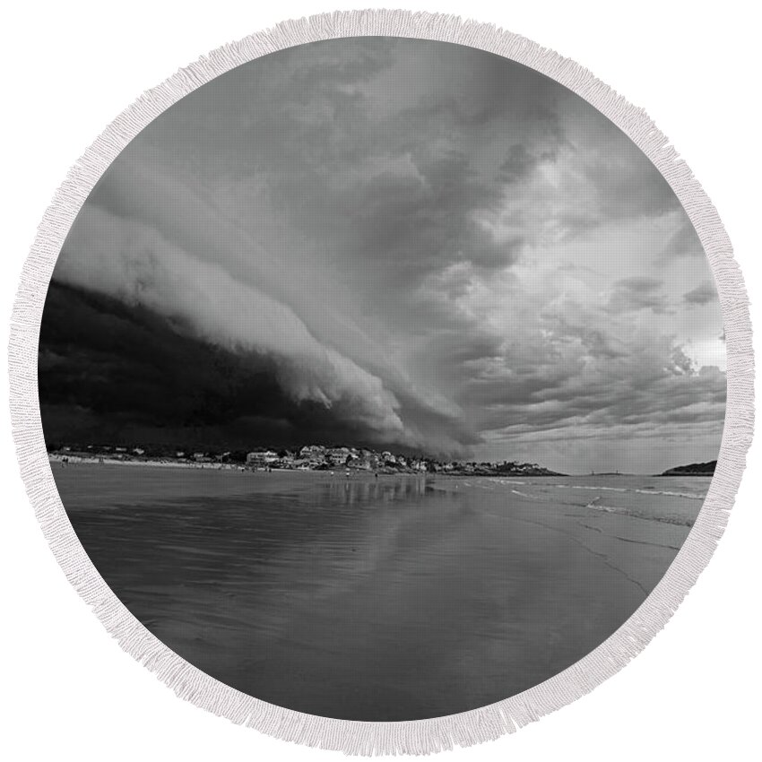 Gloucester Round Beach Towel featuring the photograph The Storm Rolling in to Good Harbor Beach Gloucester MA Black and White by Toby McGuire