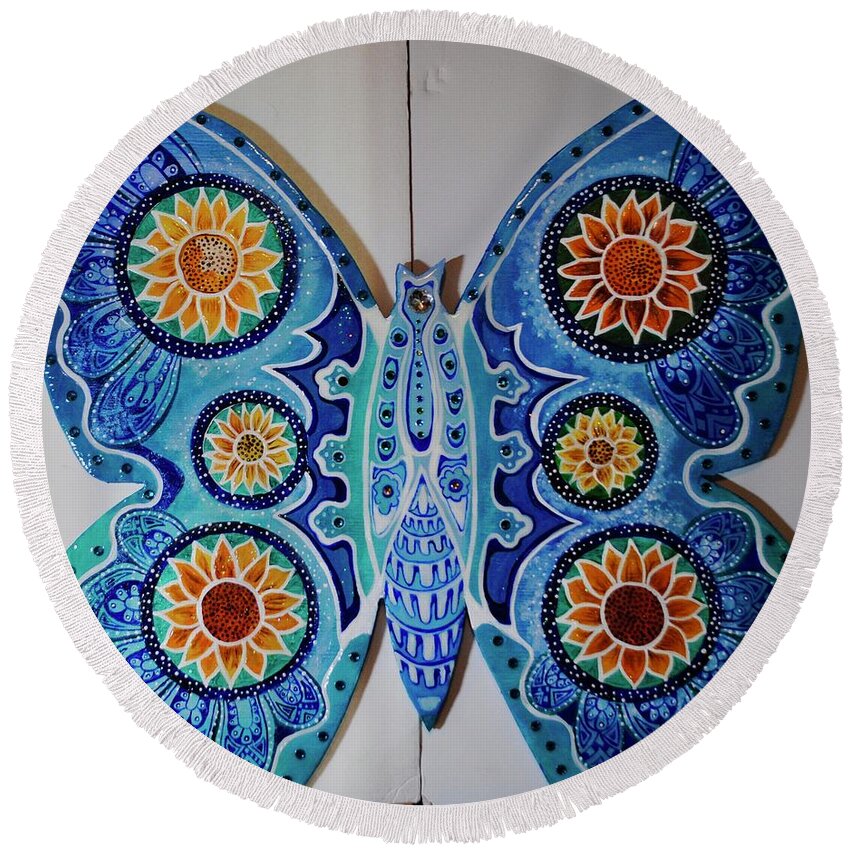 Art On Wood Round Beach Towel featuring the painting The Summer Butterfly by Patricia Arroyo