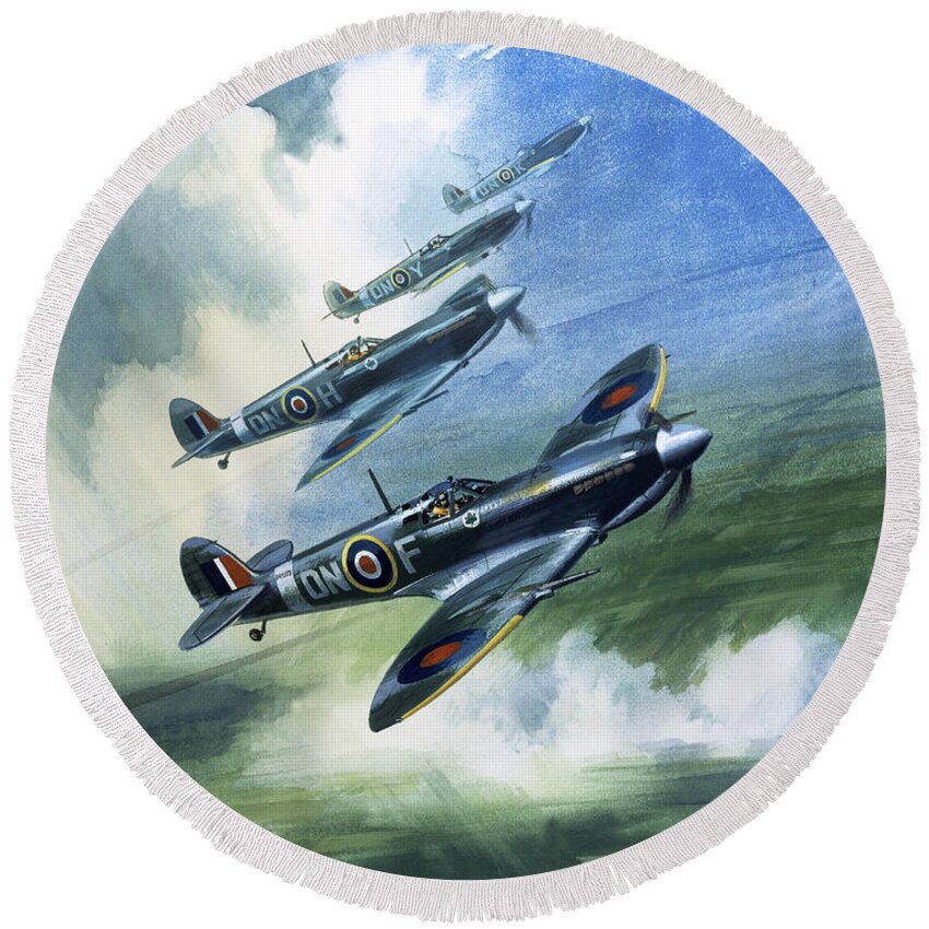 The Round Beach Towel featuring the painting The Supermarine Spitfire Mark IX by Wilfred Hardy