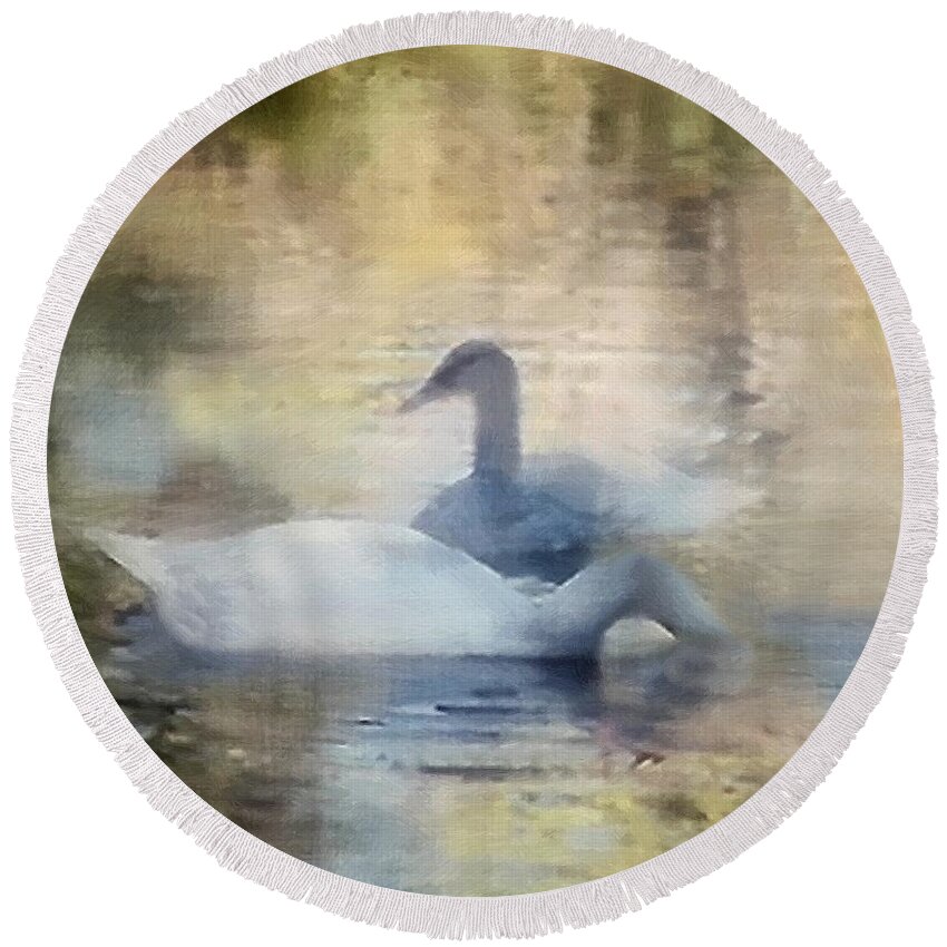 Pond Round Beach Towel featuring the painting The Swans by RC DeWinter