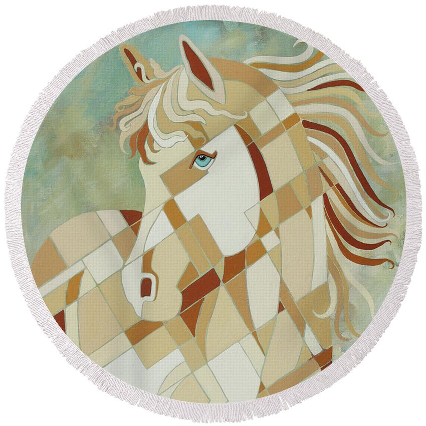 White Horse Round Beach Towel featuring the painting The Tao of Being Carefree by Barbara Rush