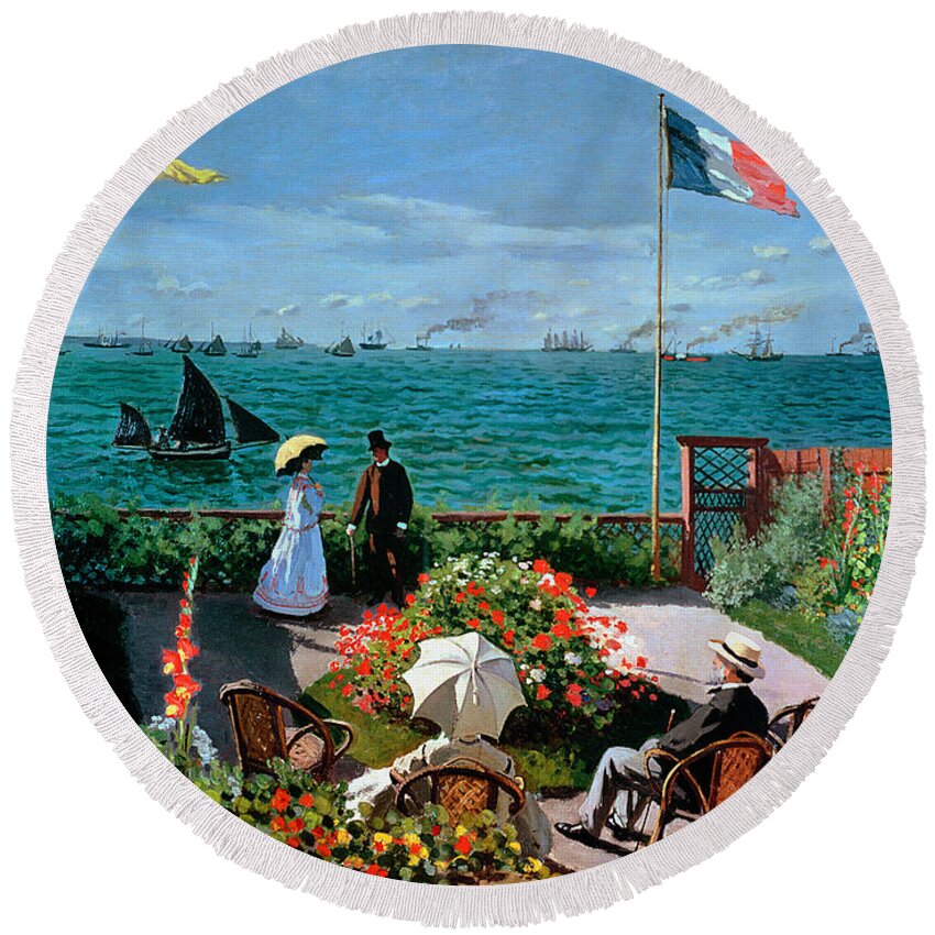 Claude Monet Round Beach Towel featuring the painting The Terrace at Sainte Adresse by Claude Monet