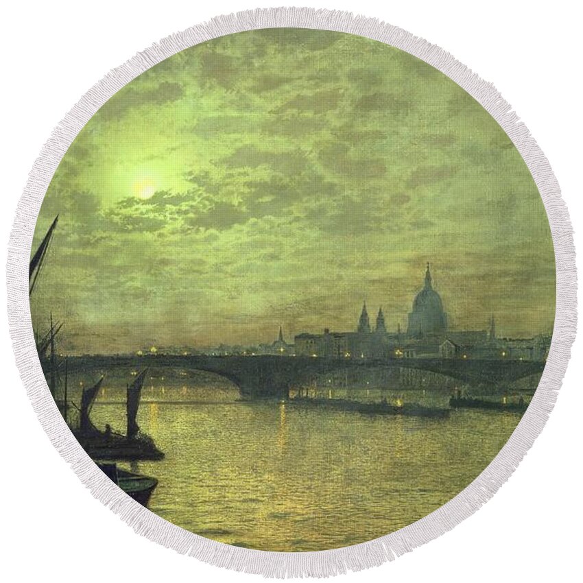 The Round Beach Towel featuring the painting The Thames by Moonlight with Southwark Bridge by John Atkinson Grimshaw
