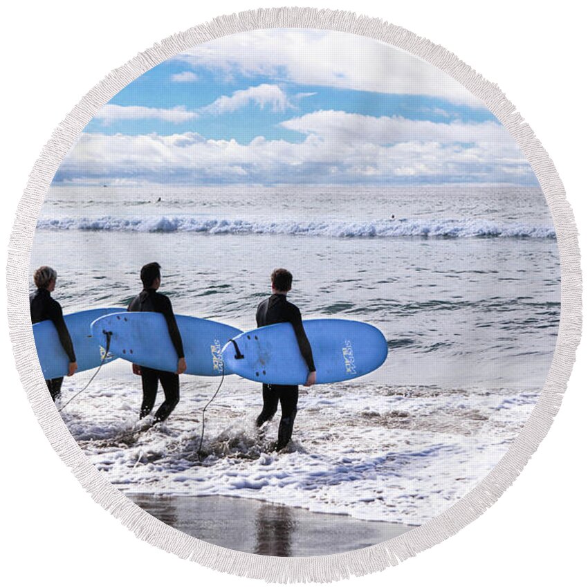 Newport Beach Surfer Round Beach Towel featuring the photograph Surf - The Three Amigos by Kip Krause