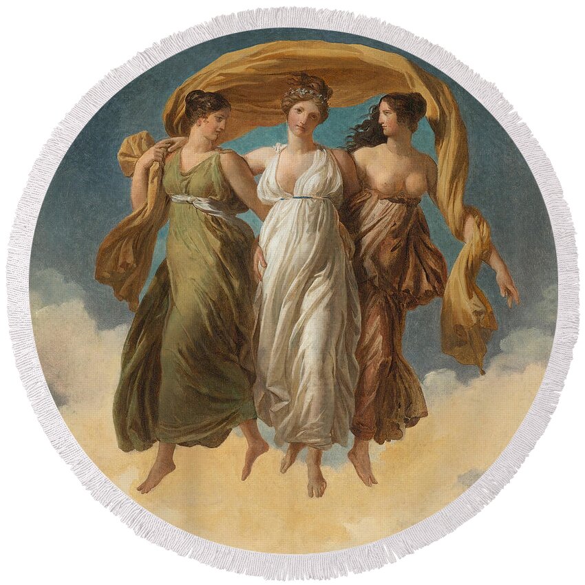 Alexandre-evariste Fragonard Round Beach Towel featuring the painting The Three Graces by Alexandre-Evariste Fragonard