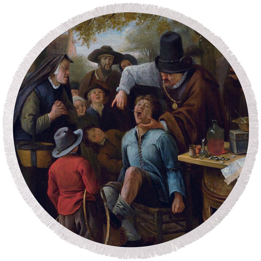 17th Century Art Round Beach Towel featuring the painting The Tooth-Puller by Jan Steen