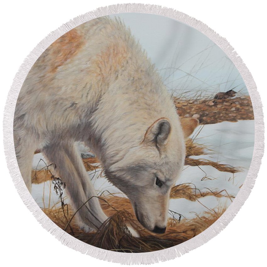 Wolf Round Beach Towel featuring the painting The Tracker by Tammy Taylor