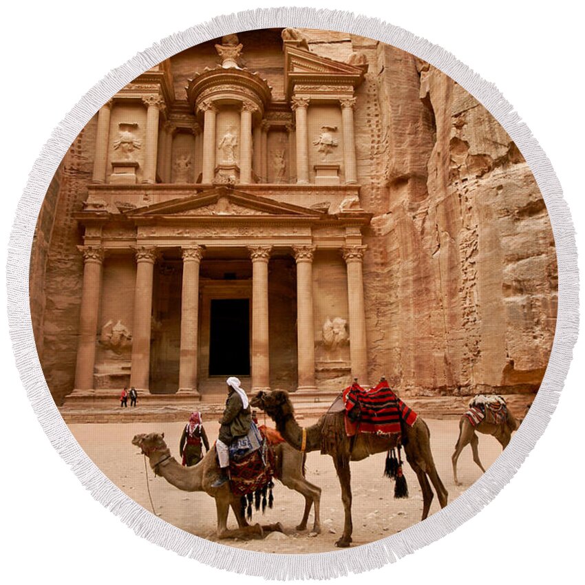 Middle East Round Beach Towel featuring the photograph The Treasury of Petra by Michele Burgess