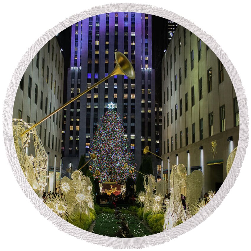 The Tree At Rockefeller Plaza Round Beach Towel featuring the photograph The Tree At Rockefeller Plaza by Kenneth Cole