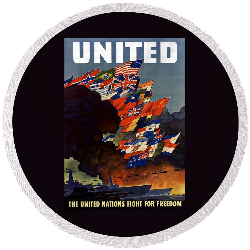 Propaganda Round Beach Towel featuring the painting The United Nations Fight For Freedom by War Is Hell Store