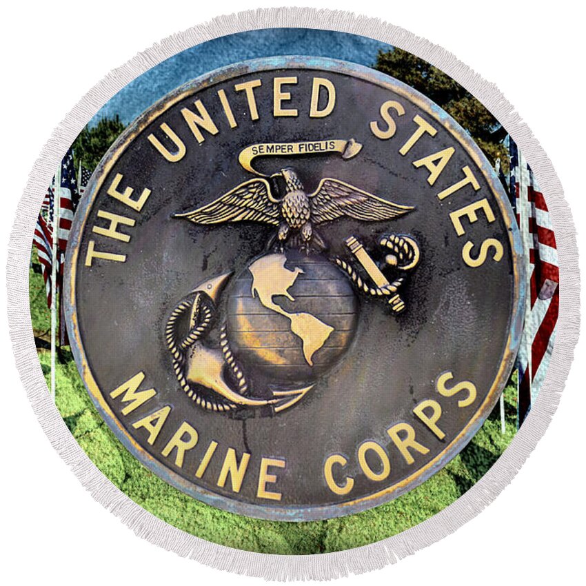 United States Marine Corps Round Beach Towel featuring the mixed media The United States Marine Corps by Glenn McCarthy Art and Photography