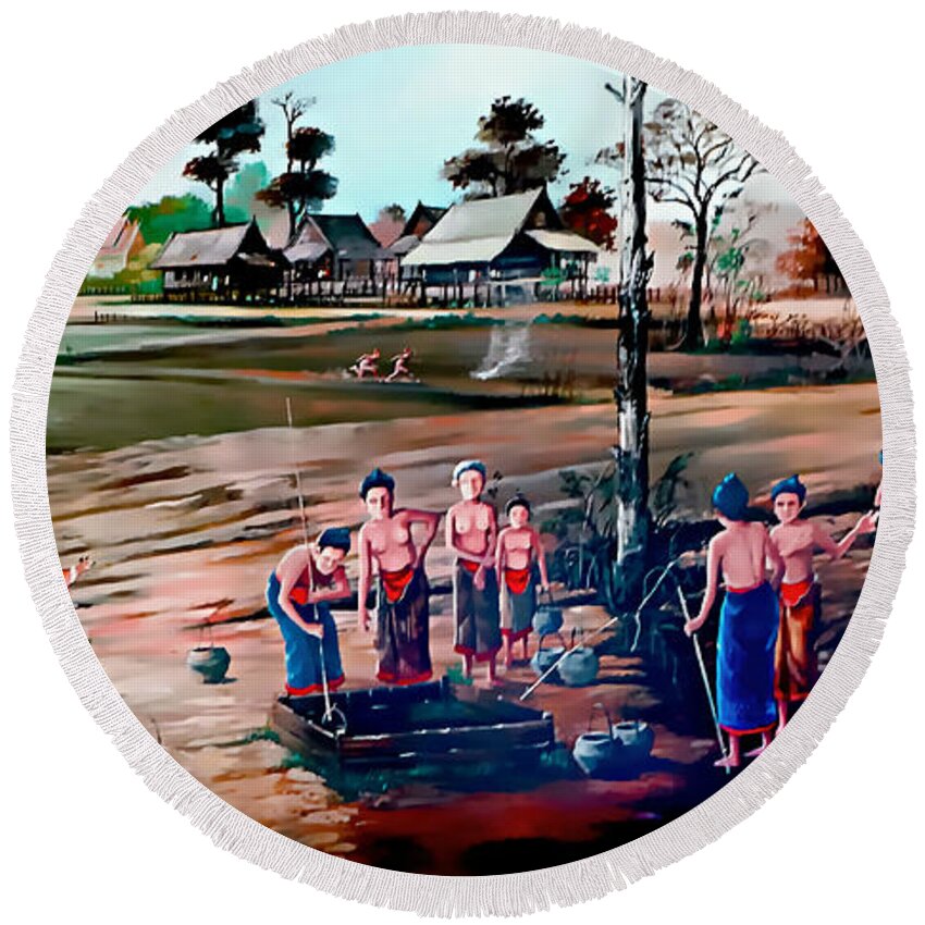 Thailand Round Beach Towel featuring the painting The Village Well by Ian Gledhill