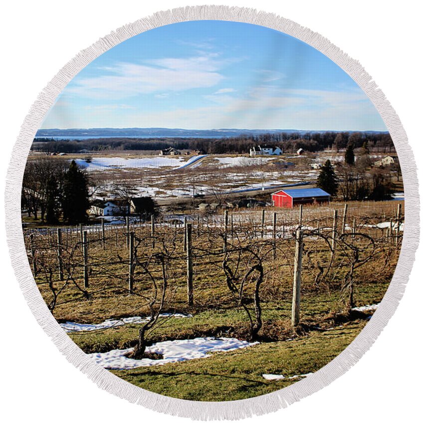 Vineyard Round Beach Towel featuring the photograph The Vineyard on Old Mission by Laura Kinker