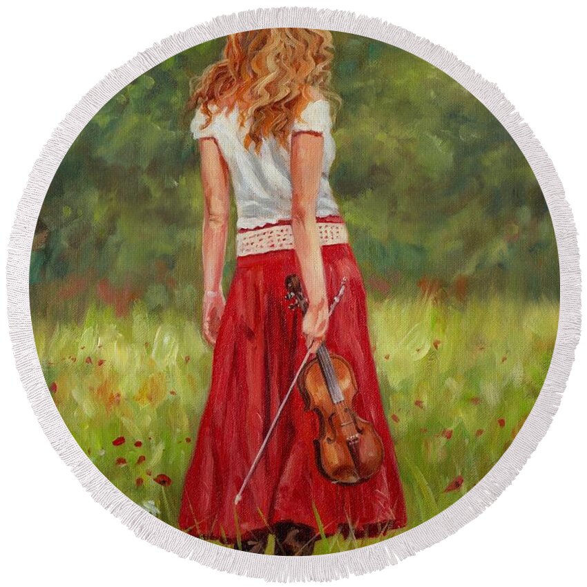 Girl Round Beach Towel featuring the painting The Violinist by David Stribbling