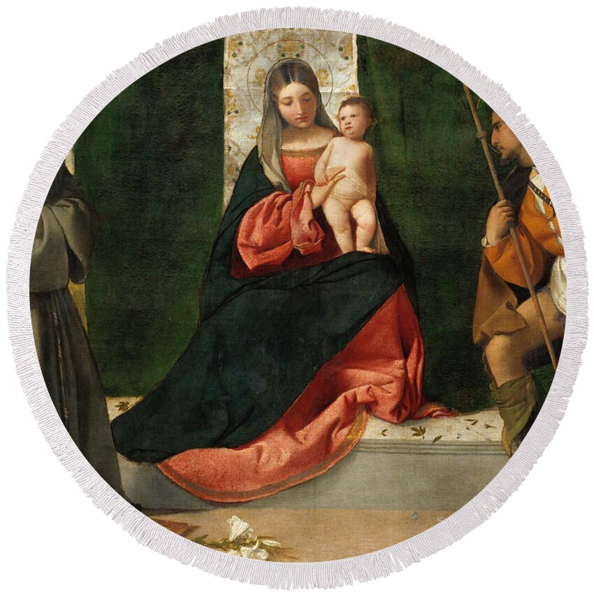 Blessed Virgin Mary Round Beach Towel featuring the painting The Virgin and Child between Saint Anthony of Padua and Saint Ro by Titian