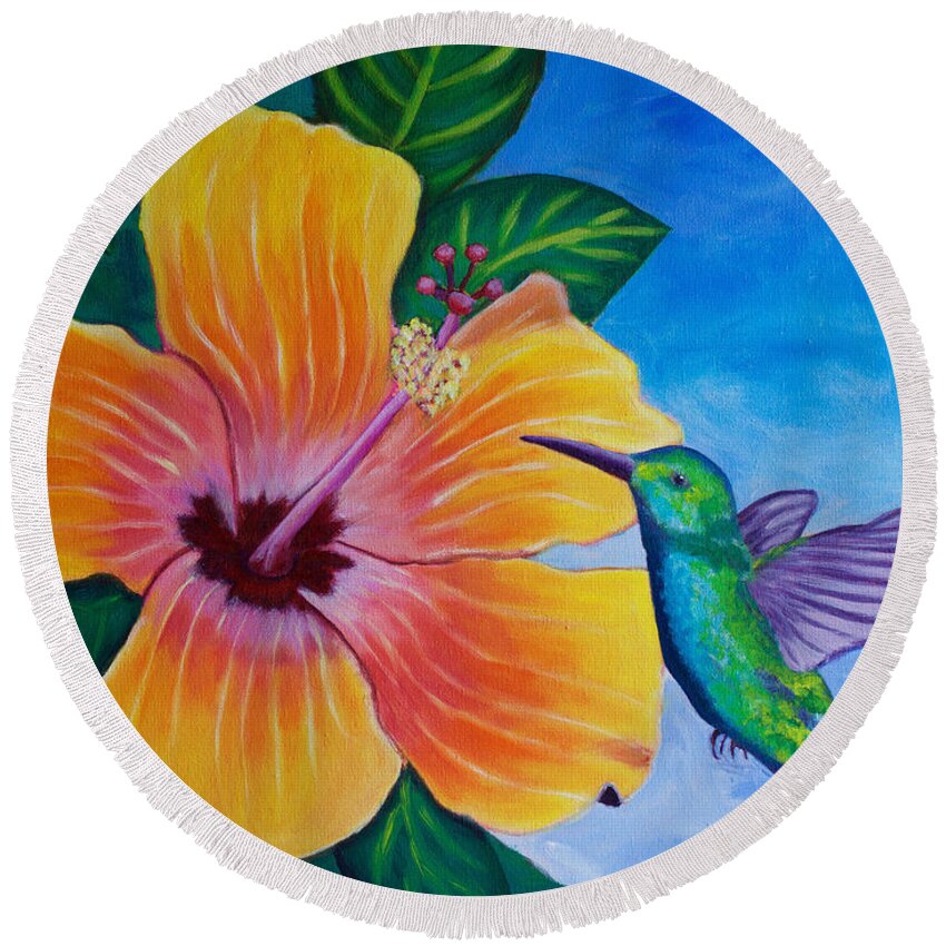 Hibiscus Flower Round Beach Towel featuring the painting The Visitor by Laura Forde