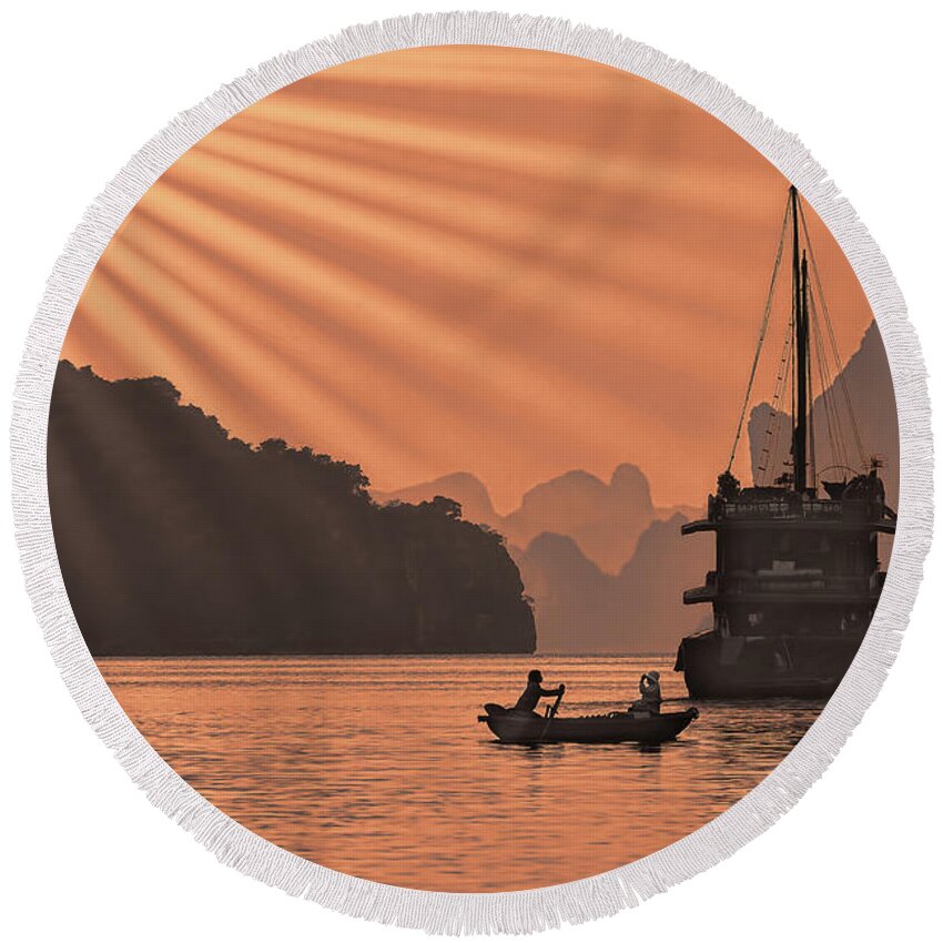 Vietnam Round Beach Towel featuring the photograph The Voyage Ha Long Bay Vietnam by Chuck Kuhn