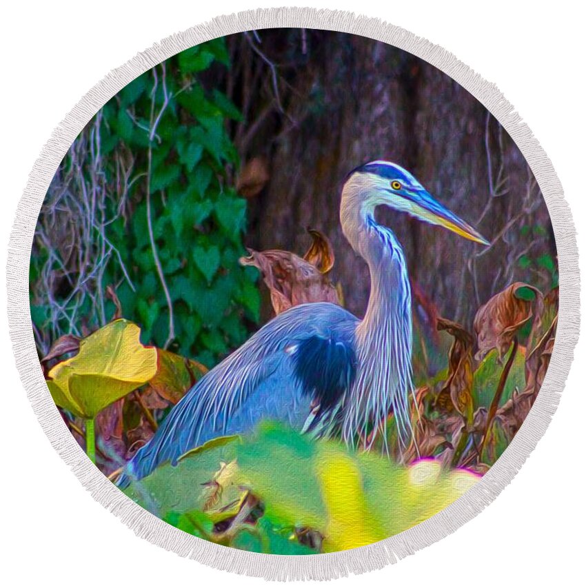 Nature Round Beach Towel featuring the painting Majestic Great Blue Heron by DB Hayes