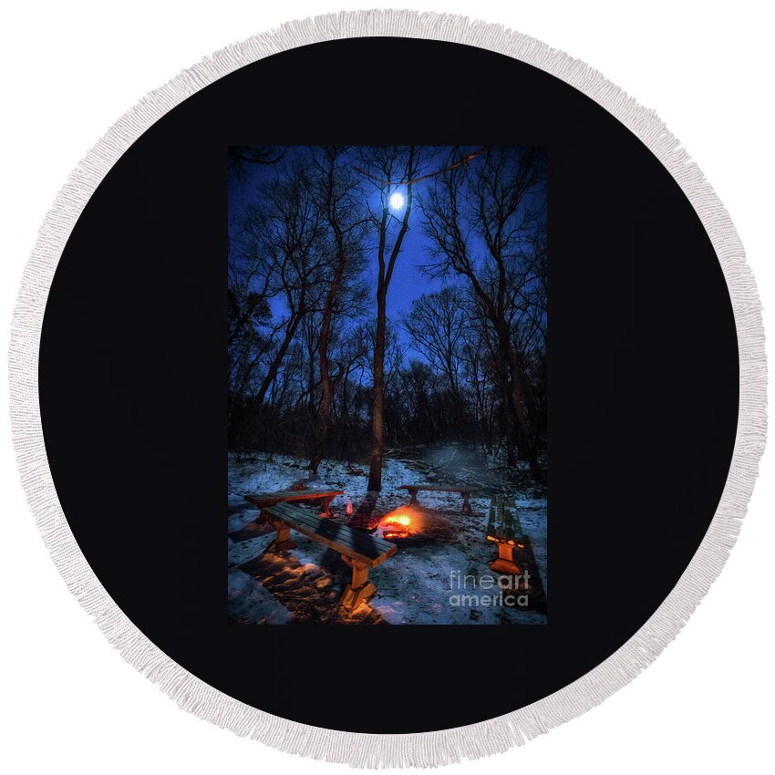 Moonlight Round Beach Towel featuring the photograph The Warm Heart of Winter by Becqi Sherman