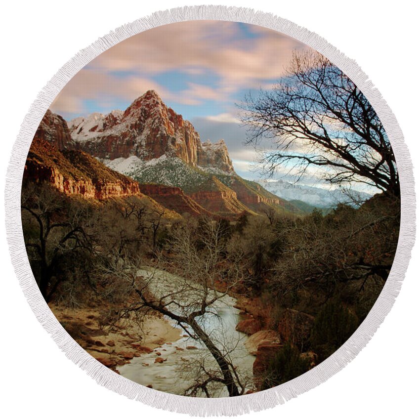 Zion Round Beach Towel featuring the photograph The Watchman at Sunset by Daniel Woodrum