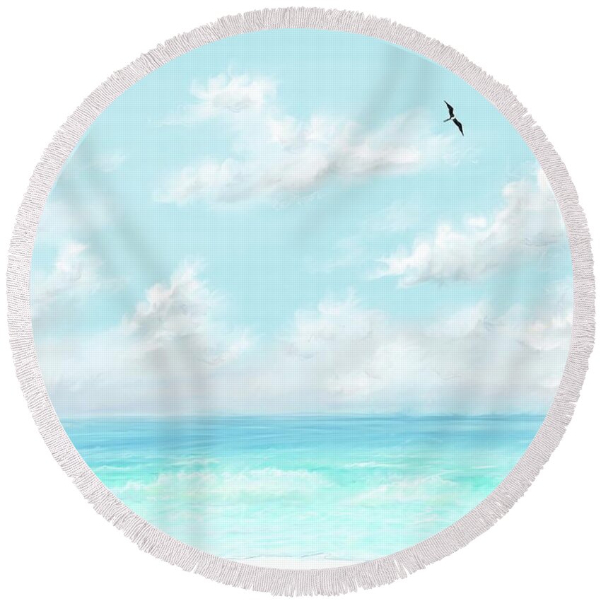 Summer Round Beach Towel featuring the digital art The waves and bird by Darren Cannell