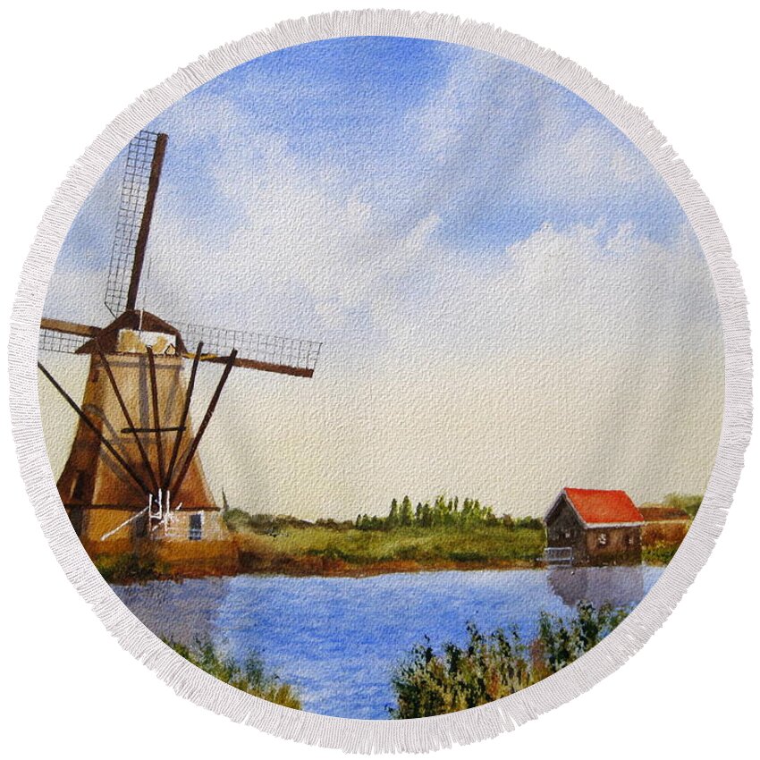 Windmill Round Beach Towel featuring the painting The Windmill by Shirley Braithwaite Hunt