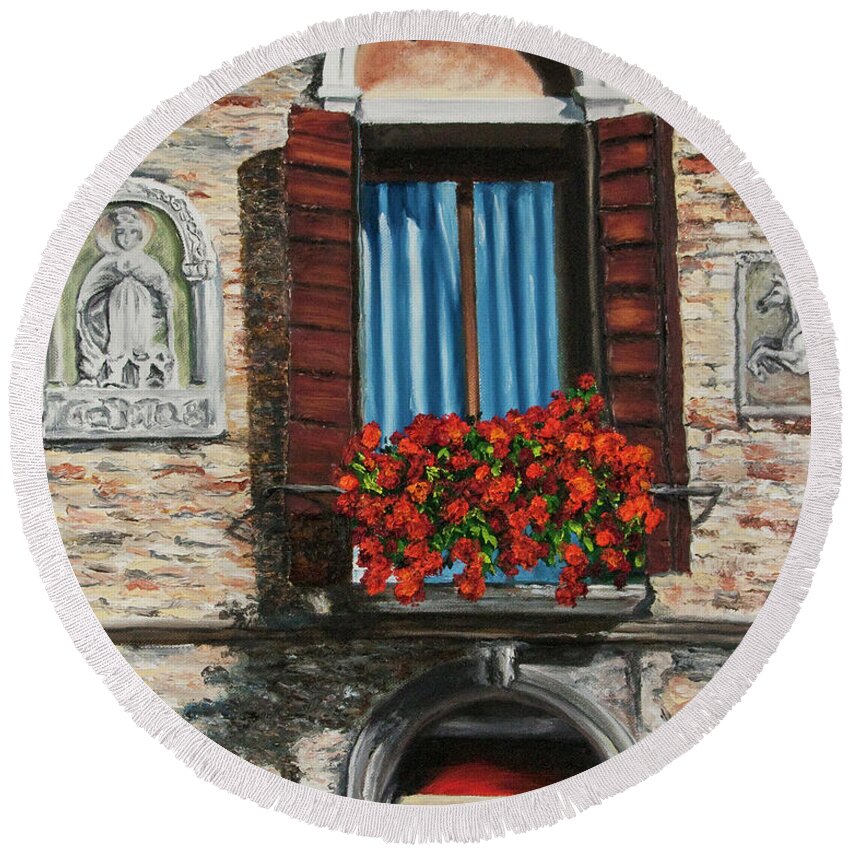 Window Paintings Round Beach Towel featuring the painting The Window by Charlotte Blanchard