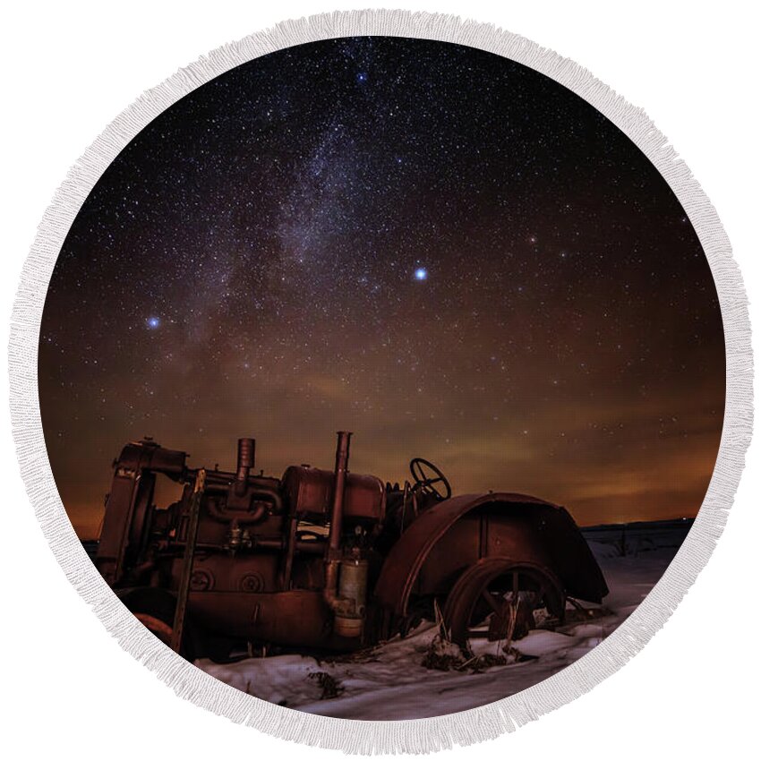 Astro Landscape Scenic Stars Milky Way Winter Antique Tractor Nd Night Night Sky Round Beach Towel featuring the photograph The Witness by Peter Herman