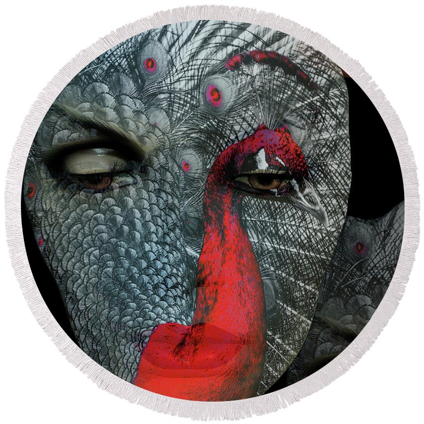 Face Round Beach Towel featuring the digital art The woman with the red peacock by Gabi Hampe