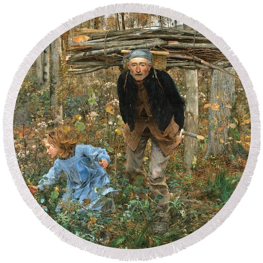 Jules Bastien-lepage Round Beach Towel featuring the painting The Wood Gatherer by Jules Bastien-Lepage