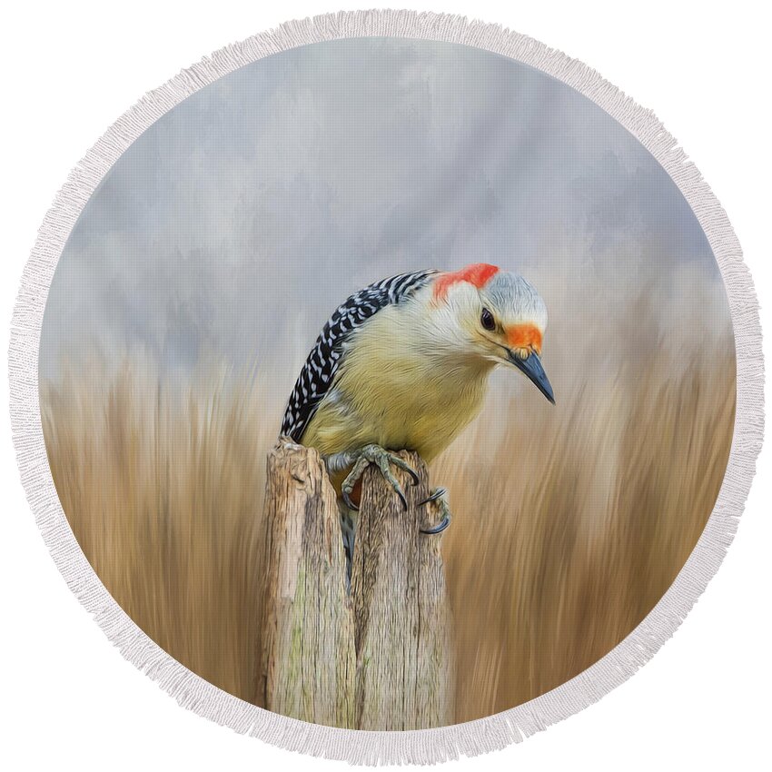 Woodpecker Round Beach Towel featuring the photograph The Woodpecker by Cathy Kovarik
