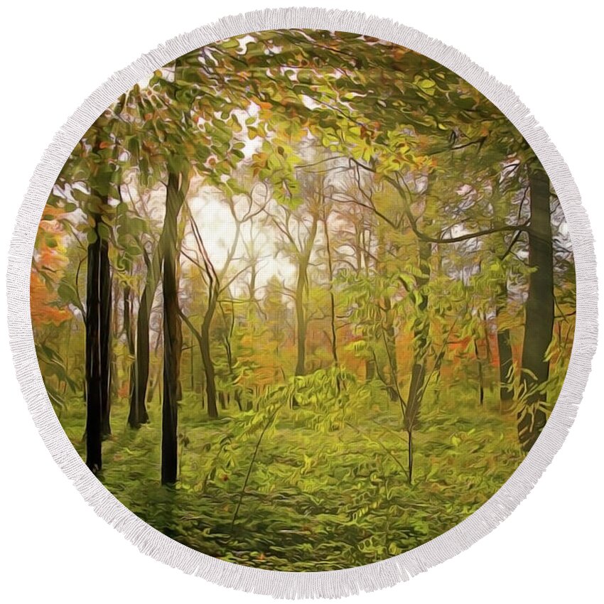 The Woods Round Beach Towel featuring the painting The Woods by Harry Warrick