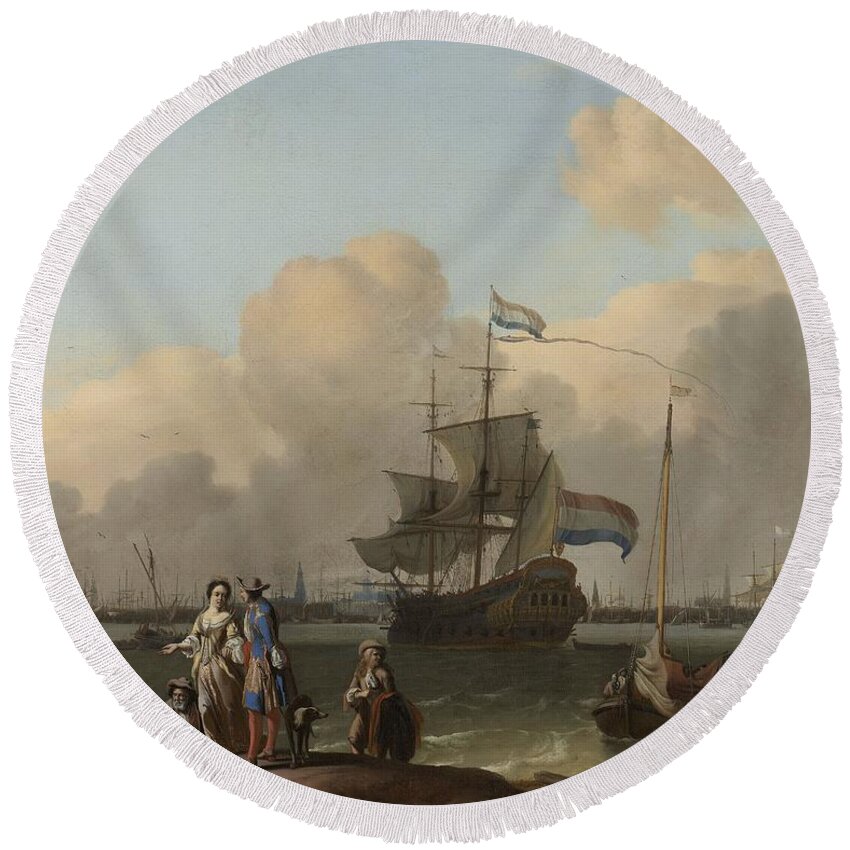 The Y At Amsterdam Round Beach Towel featuring the painting The Y at Amsterdam with the Frigate De Ploeg  Ludolf Bakhuysen 1680 1708 by Vintage Collectables