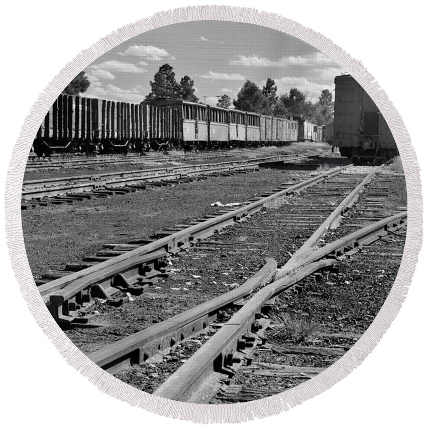 Trains Round Beach Towel featuring the photograph The Yard by Ron Cline