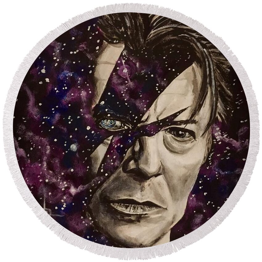David Bowie Round Beach Towel featuring the painting There's A Starman Waiting In The Sky by Joel Tesch