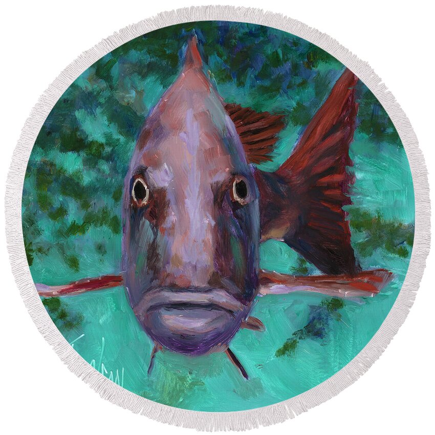 Fish Round Beach Towel featuring the painting There's Something Fishy Going on Here by Billie Colson