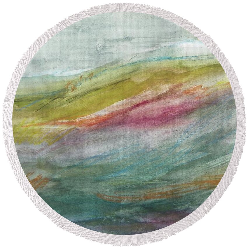 Expressive Round Beach Towel featuring the painting These Lonely Hills by Judith Redman