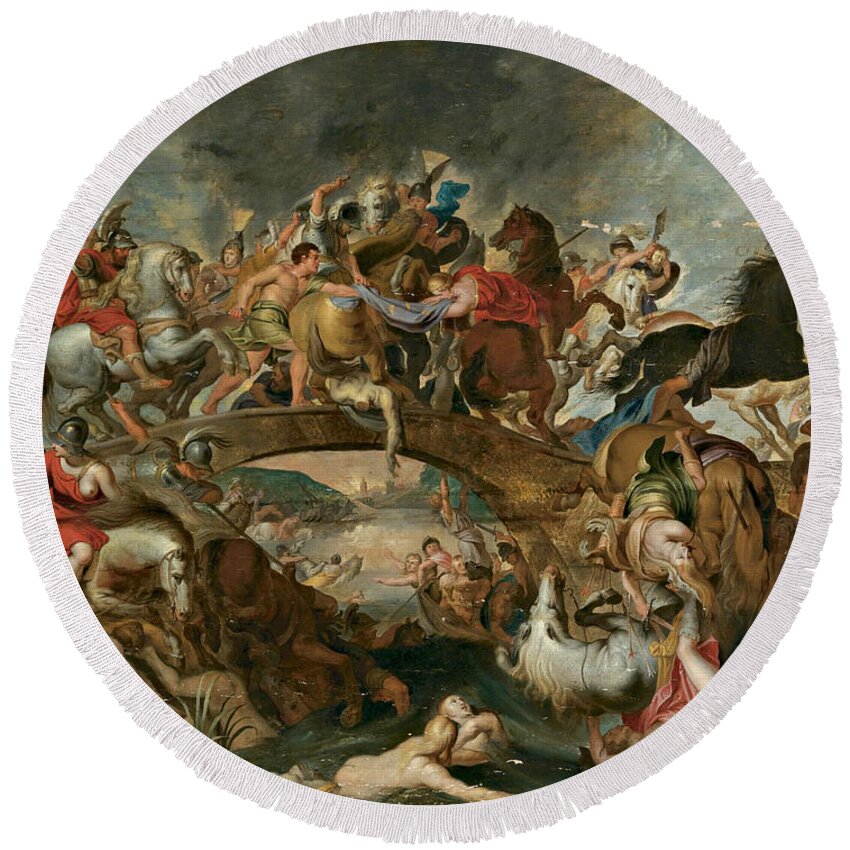 After Peter Paul Rubens Round Beach Towel featuring the painting Theseus leading the Athenian Soldiers against the Amazons by After Peter Paul Rubens